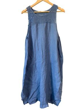 Beyond Capri Light Blue Linen Midi Dress Crochet Lace Pocket one Size